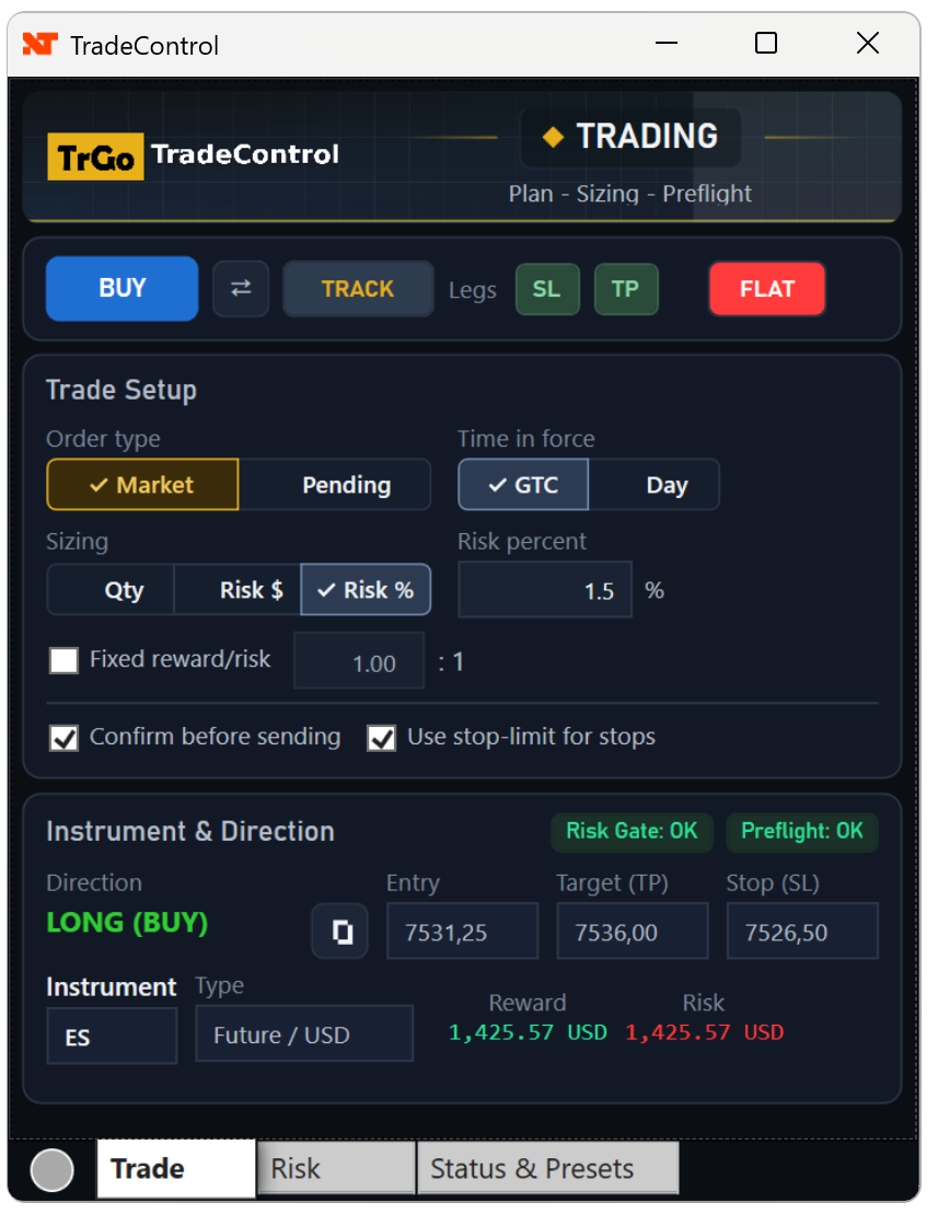 TradeControl Trade tab with order setup, risk sizing, entry, target and stop controls